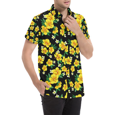 Yellow Hibiscus Pattern Print Design HB08 Men's Short Sleeve Button Up Shirt