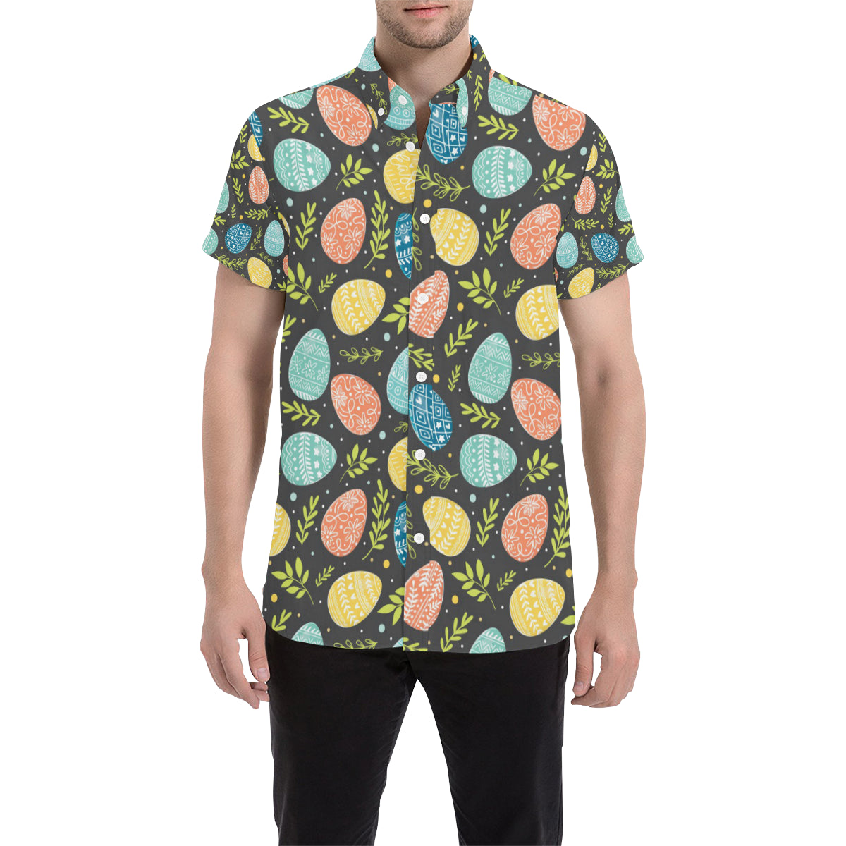 Easter Eggs Pattern Print Design RB01 Men's Short Sleeve Button Up Shirt
