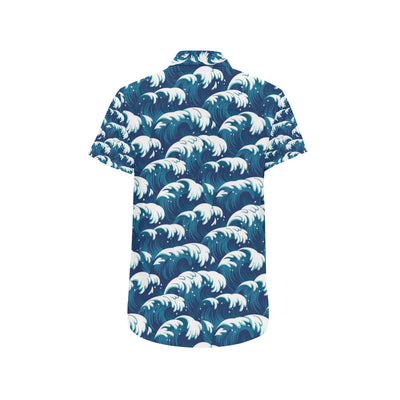 Ocean Wave Pattern Print Men's Short Sleeve Button Up Shirt