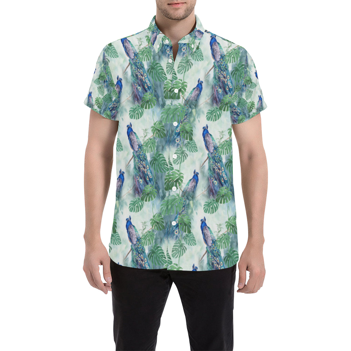Peacock Pattern Print Design A02 Men's Short Sleeve Button Up Shirt