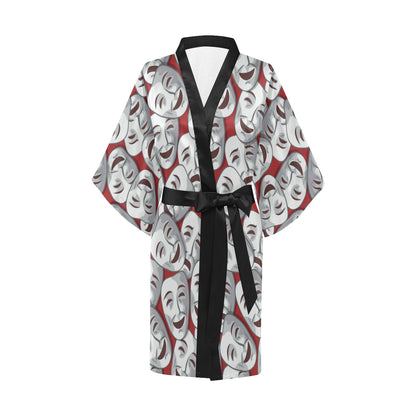 Acting Mask Pattern Print Design 01 Women's Short Kimono
