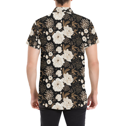 Peony Pattern Print Design A02 Men's Short Sleeve Button Up Shirt