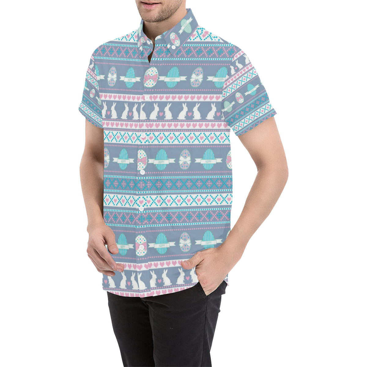 Easter Eggs Pattern Print Design RB013 Men's Short Sleeve Button Up Shirt