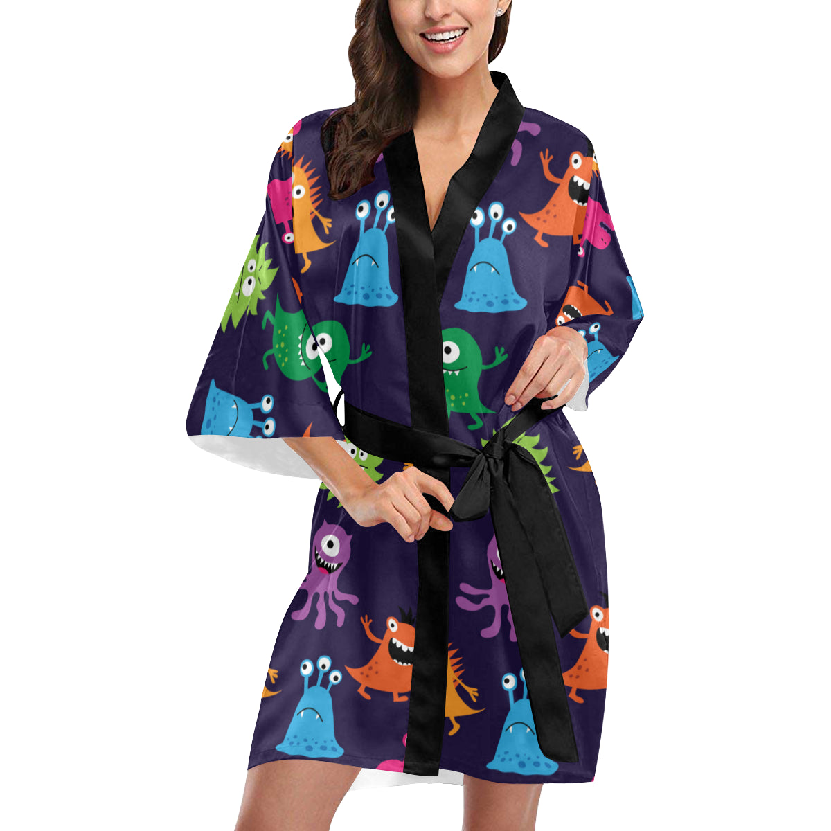 Monster Cartoon Pattern Print Design 02 Women's Short Kimono