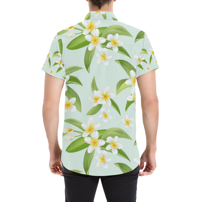 Yellow Plumeria Pattern Print Design PM024 Men's Short Sleeve Button Up Shirt