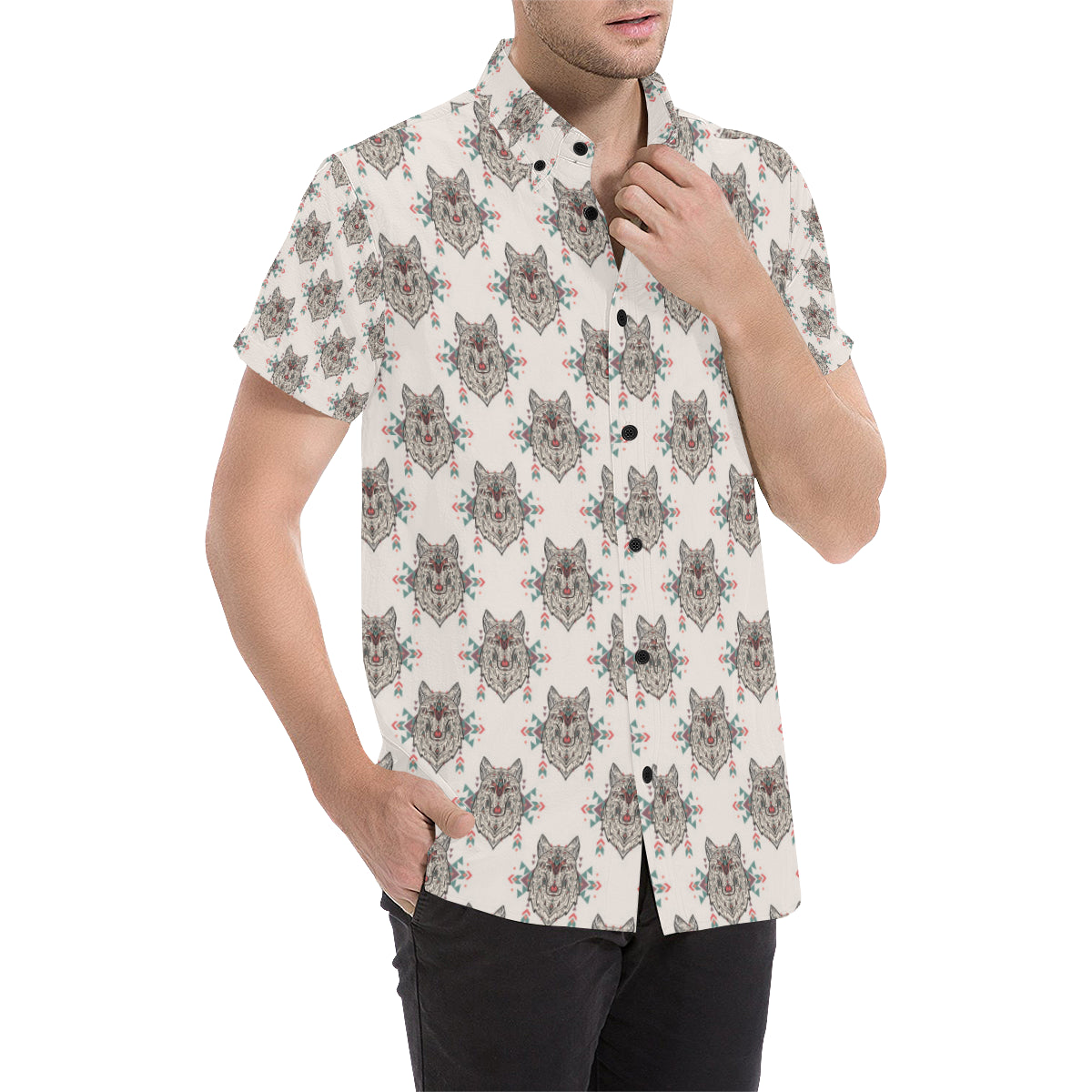 Aztec Wolf Pattern Print Design 01 Men's Short Sleeve Button Up Shirt