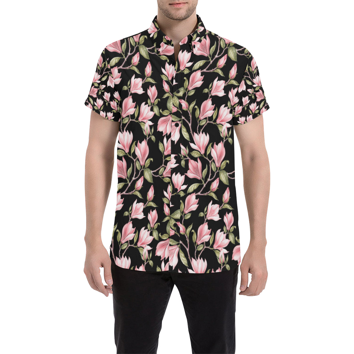 Magnolia Pattern Print Design MAG03 Men's Short Sleeve Button Up Shirt