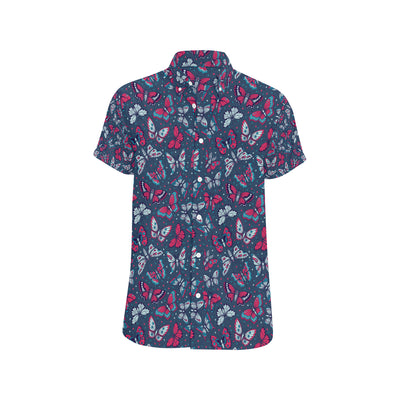 Butterfly Red Deep Blue Print Pattern Men's Short Sleeve Button Up Shirt