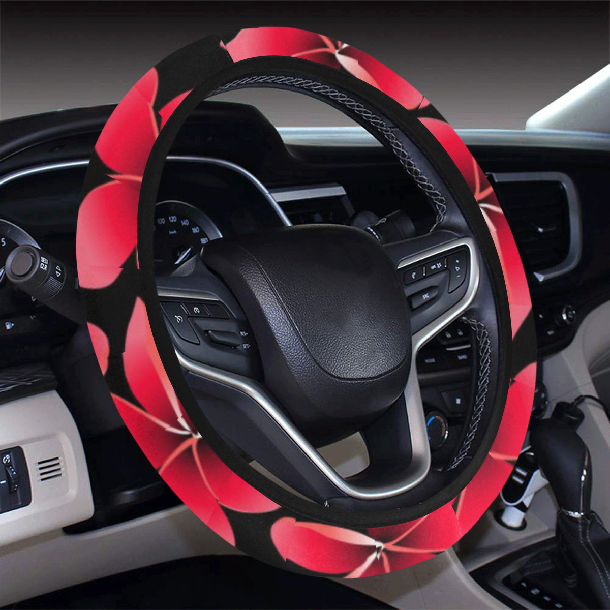 Red Plumeria Pattern Print Design PM025 Steering Wheel Cover with Elastic Edge