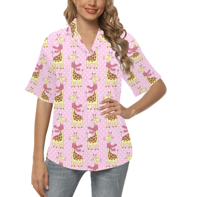 Giraffe Cute Pink Polka Dot Print Women's Hawaiian Shirt