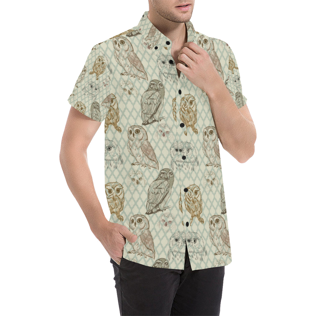 Owl Pattern Print Design A03 Men's Short Sleeve Button Up Shirt