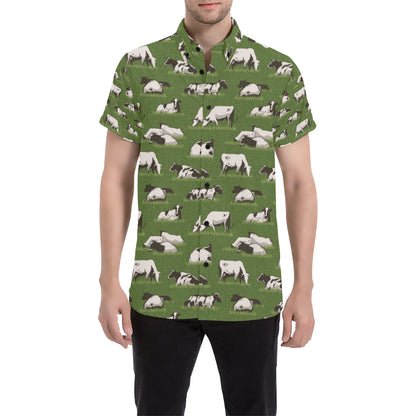 Cow on Grass Print Pattern Men's Short Sleeve Button Up Shirt