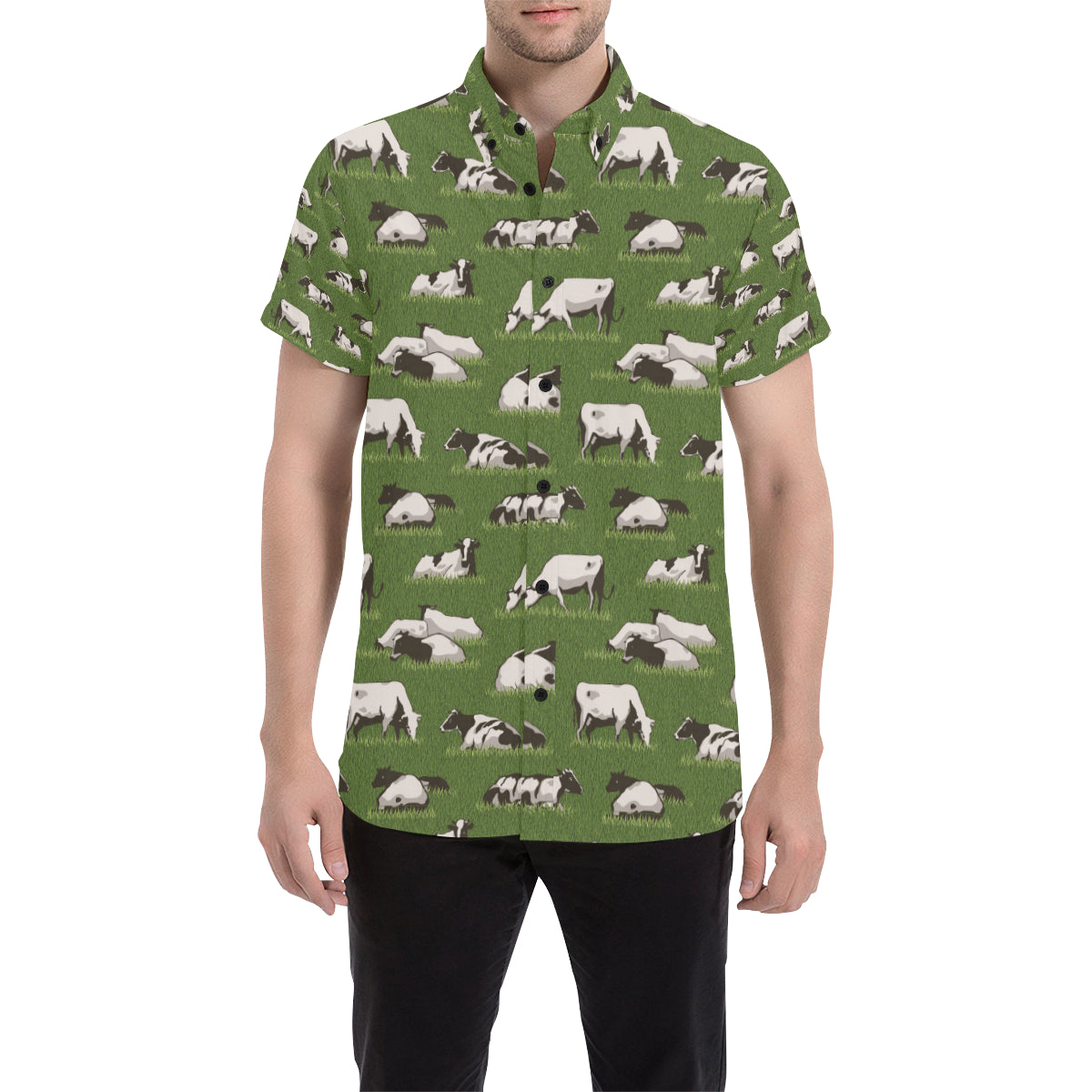 Cow on Grass Print Pattern Men's Short Sleeve Button Up Shirt