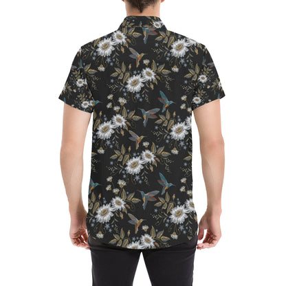 Hummingbird with Embroidery Themed Print Men's Short Sleeve Button Up Shirt
