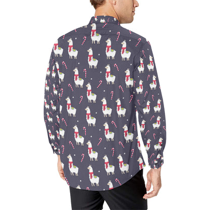 Llama with Candy Cane Themed Print Men's Long Sleeve Shirt