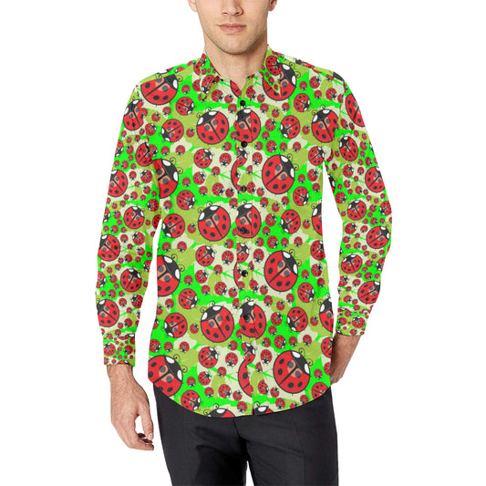 Ladybug with Leaf Print Pattern Men's Long Sleeve Shirt