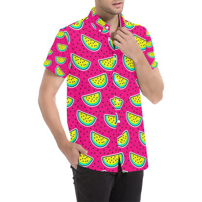 Watermelon Pattern Print Design WM04 Men's Short Sleeve Button Up Shirt