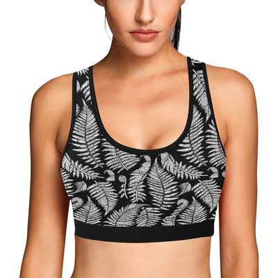 Fern Leave Black White Print Pattern Sports Bra