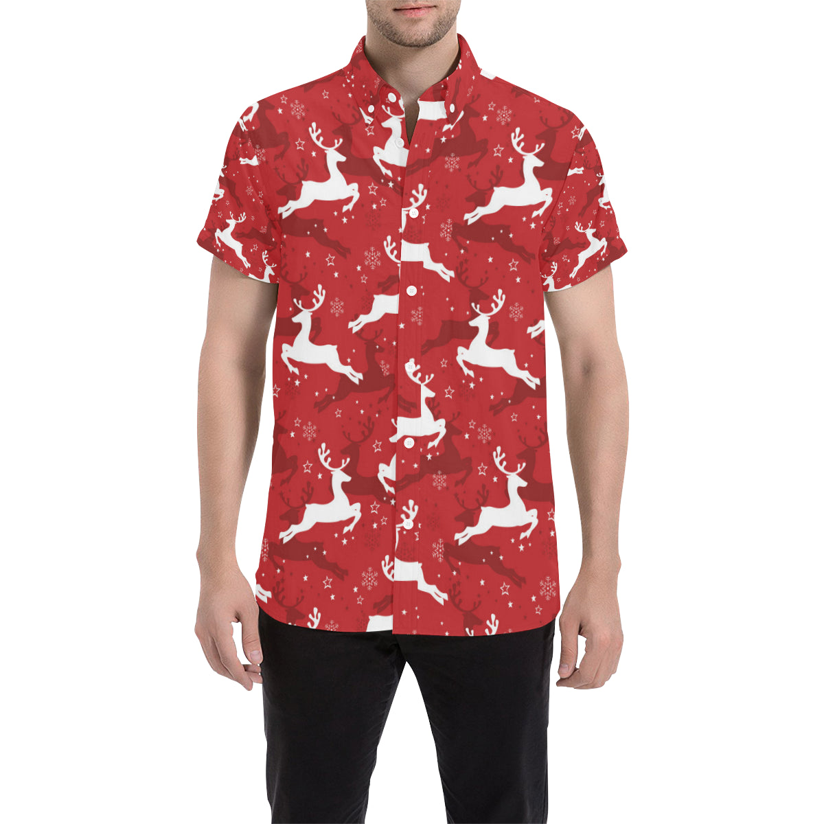 Reindeer Red Pattern Print Design 01 Men's Short Sleeve Button Up Shirt