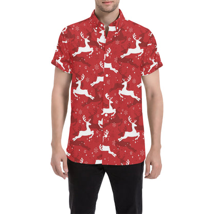 Reindeer Red Pattern Print Design 01 Men's Short Sleeve Button Up Shirt