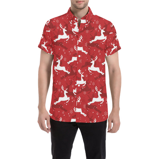 Reindeer Red Pattern Print Design 01 Men's Short Sleeve Button Up Shirt