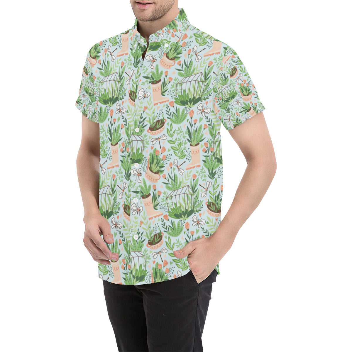 Gardening Pattern Print Design G04 Men's Short Sleeve Button Up Shirt