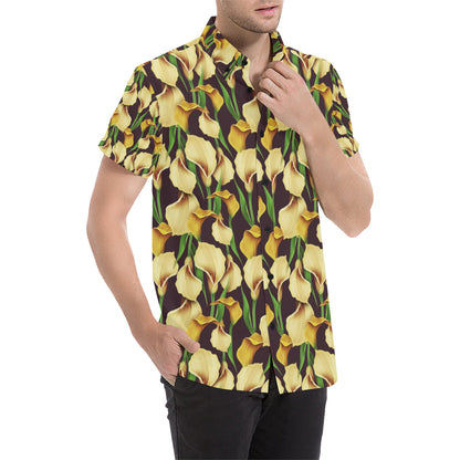 Lily Pattern Print Design LY013 Men's Short Sleeve Button Up Shirt