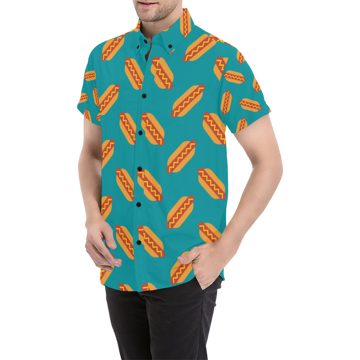 Hot Dog Pattern Print Design 03 Men's Short Sleeve Button Up Shirt