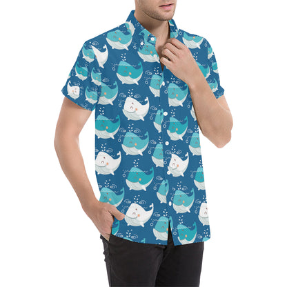 Blue Whale Pattern Print Design 01 Men's Short Sleeve Button Up Shirt