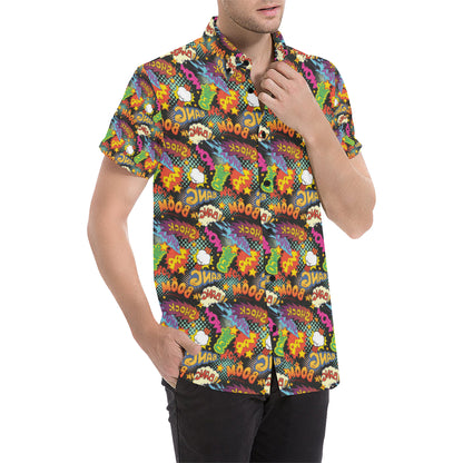 Comic Book Pattern Print Design 01 Men's Short Sleeve Button Up Shirt