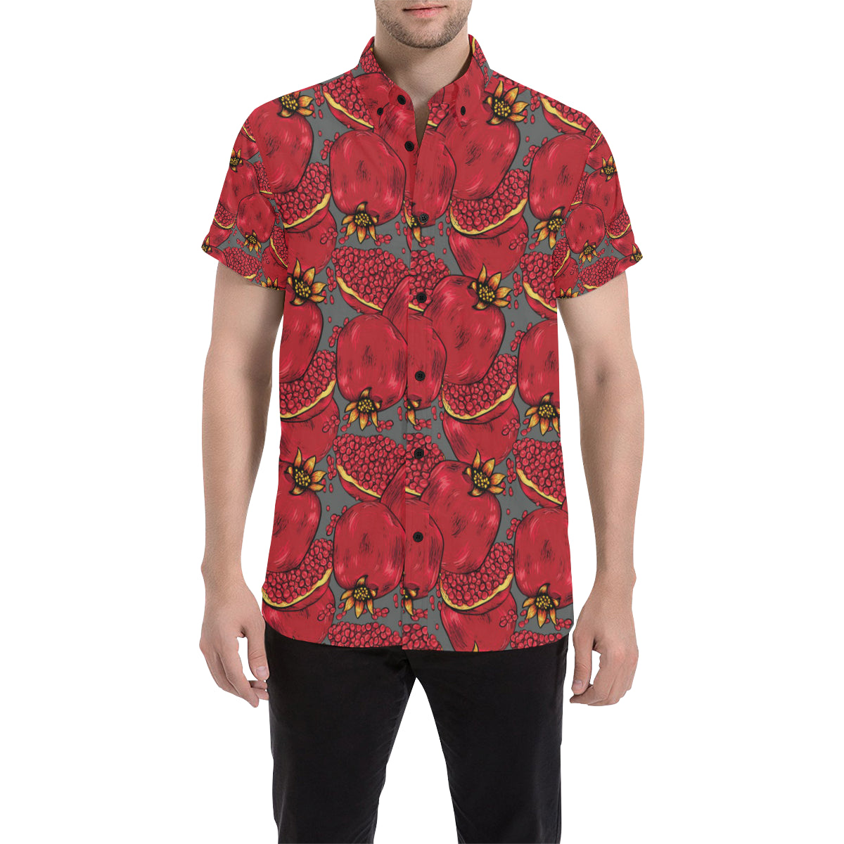 Pomegranate Pattern Print Design PG05 Men's Short Sleeve Button Up Shirt