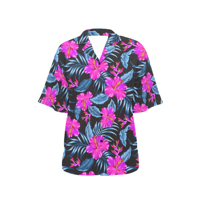 Neon Pink Hibiscus Pattern Print Design HB015 Women's Hawaiian Shirt