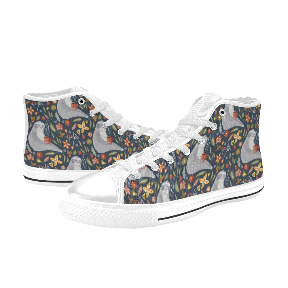 Sloth Print Design LKS303 High Top Women's White Shoes