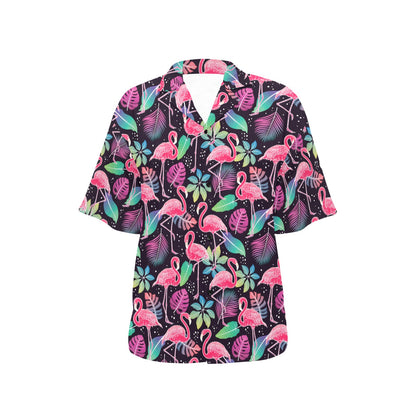 Flamingo Tropical leaves Neon Print Women's Hawaiian Shirt
