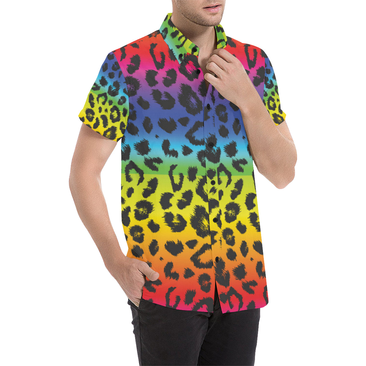 Rainbow Leopard Pattern Print Design A01 Men's Short Sleeve Button Up Shirt