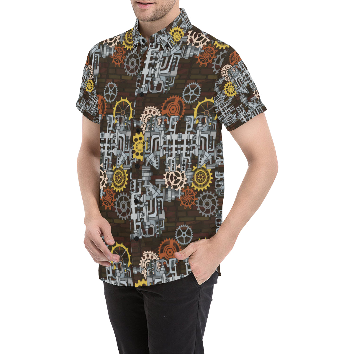 Mechanic Pattern Print Design 04 Men's Short Sleeve Button Up Shirt