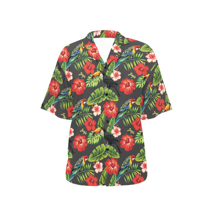 Hibiscus Red With Parrotprint Design LKS303 Women's Hawaiian Shirt