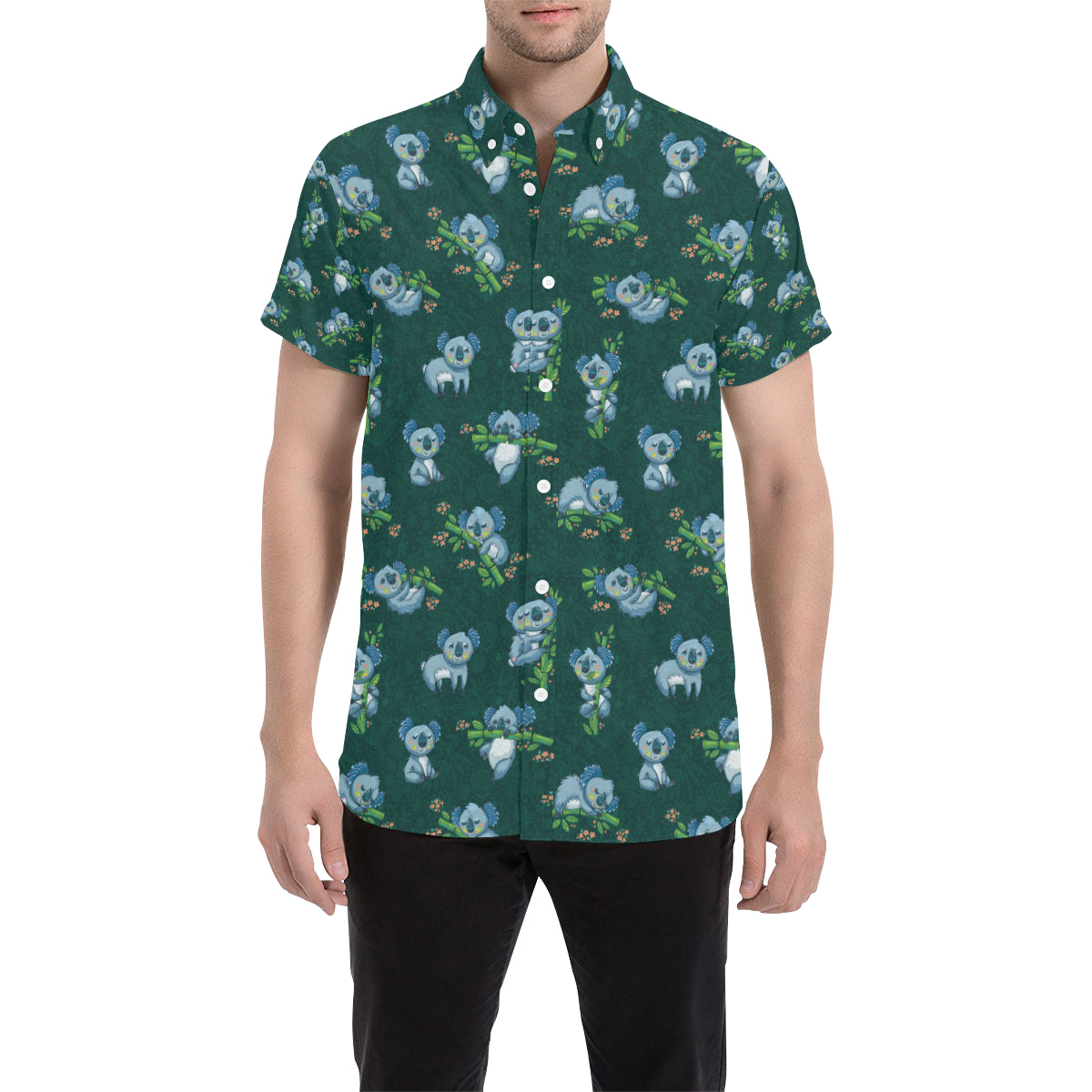 Koala Blue Design Print Men's Short Sleeve Button Up Shirt
