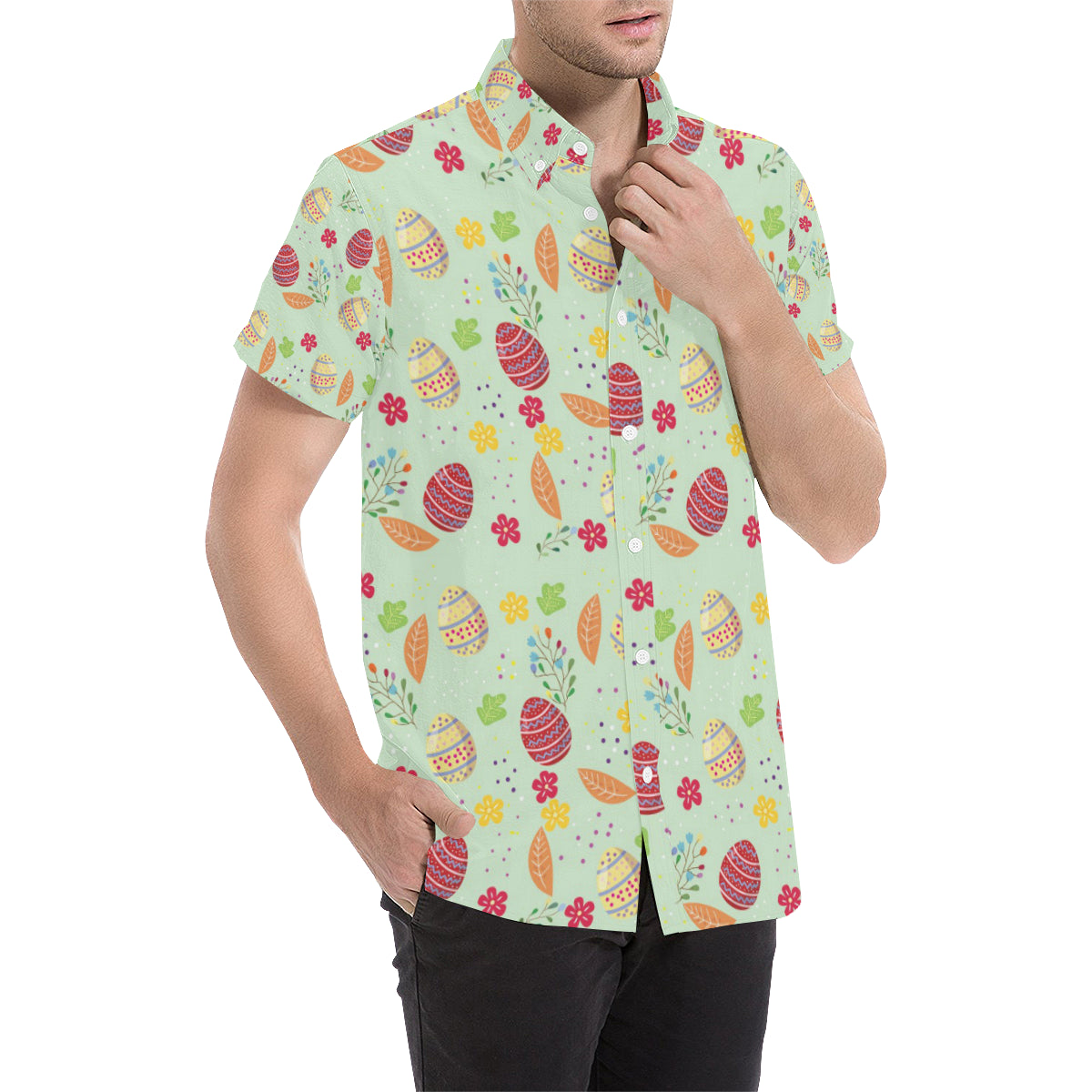 Easter Eggs Pattern Print Design RB07 Men's Short Sleeve Button Up Shirt