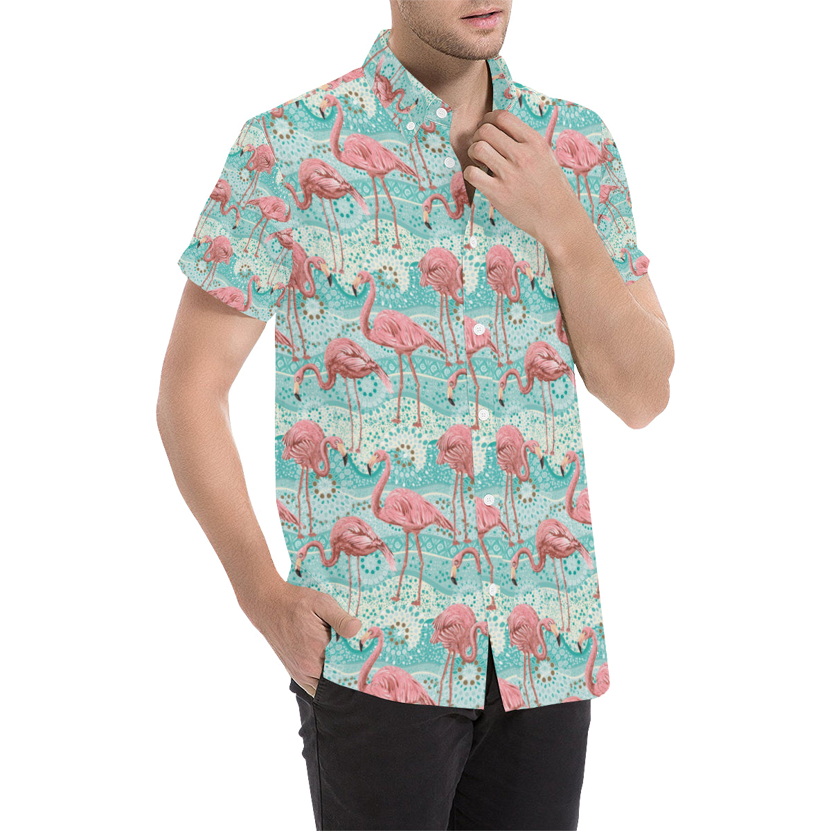 Flamingo Background Themed Print Men's Short Sleeve Button Up Shirt