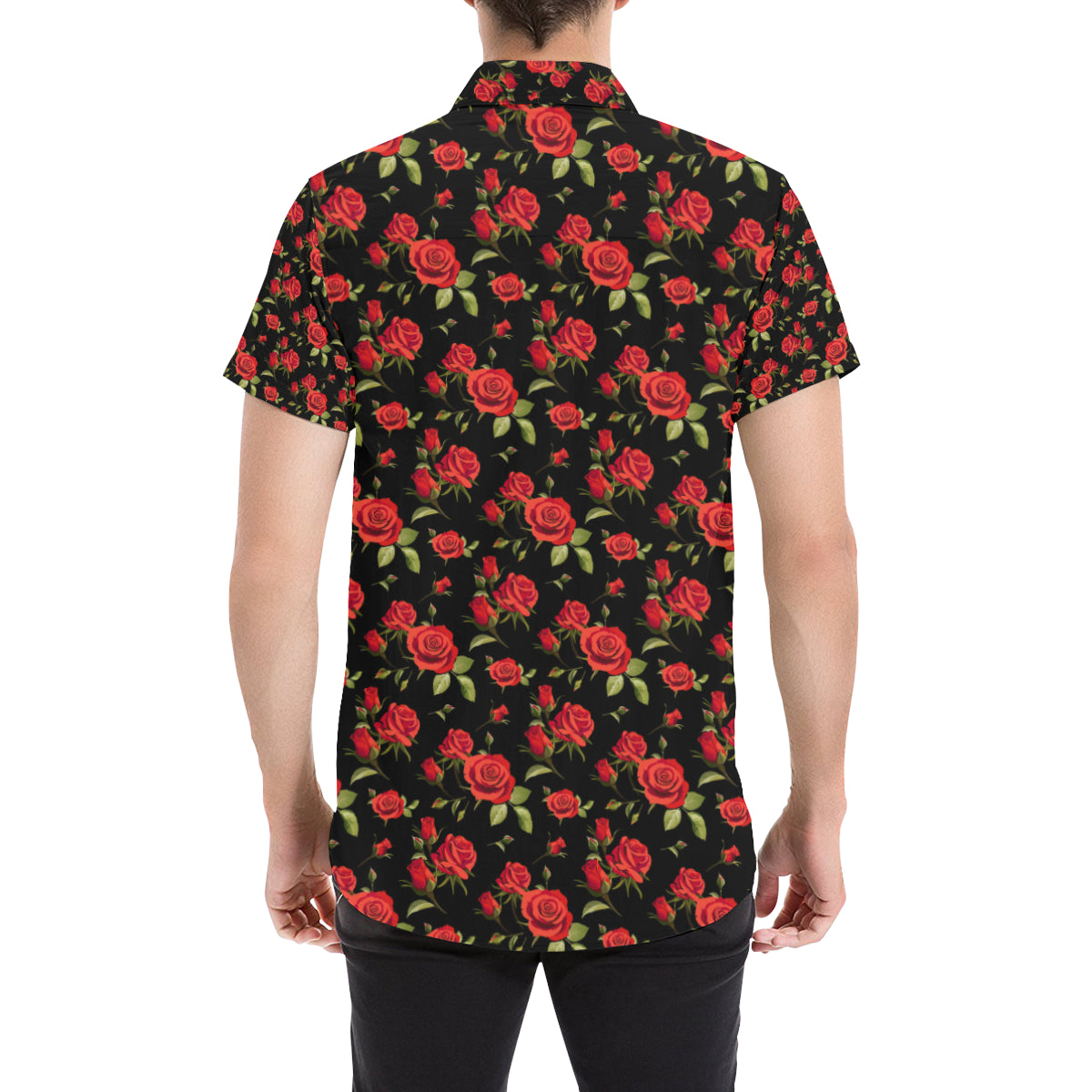 Red Rose Themed Print Men's Short Sleeve Button Up Shirt