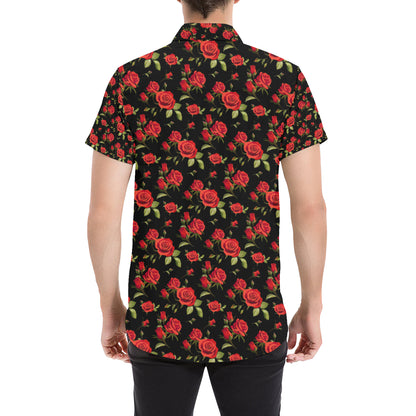 Red Rose Themed Print Men's Short Sleeve Button Up Shirt