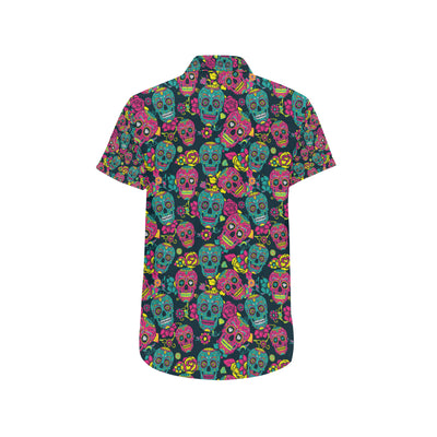 Sugar Skull Floral Design Themed Print Men's Short Sleeve Button Up Shirt