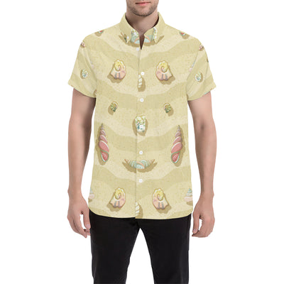 Beach with Seashell Theme Men's Short Sleeve Button Up Shirt