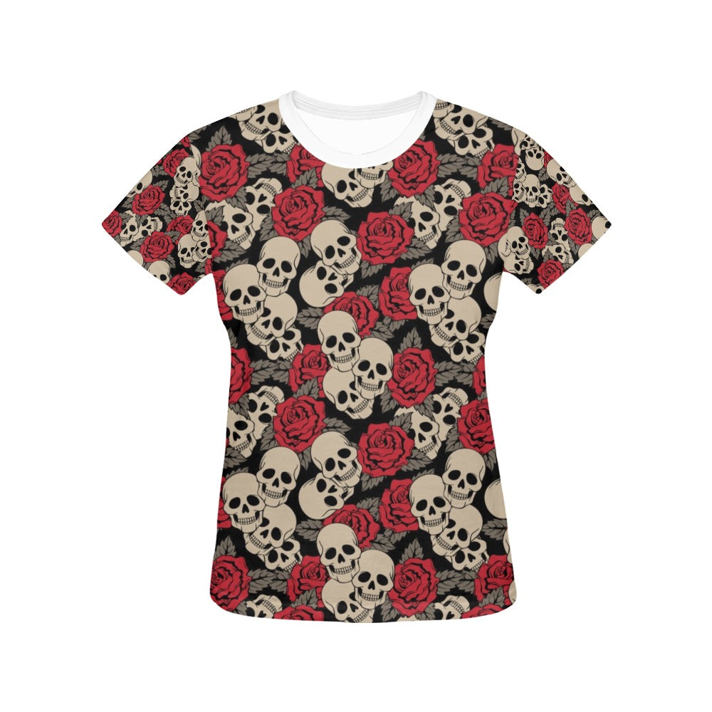 Skull And Roses Print Design LKS301 Women's  T-shirt