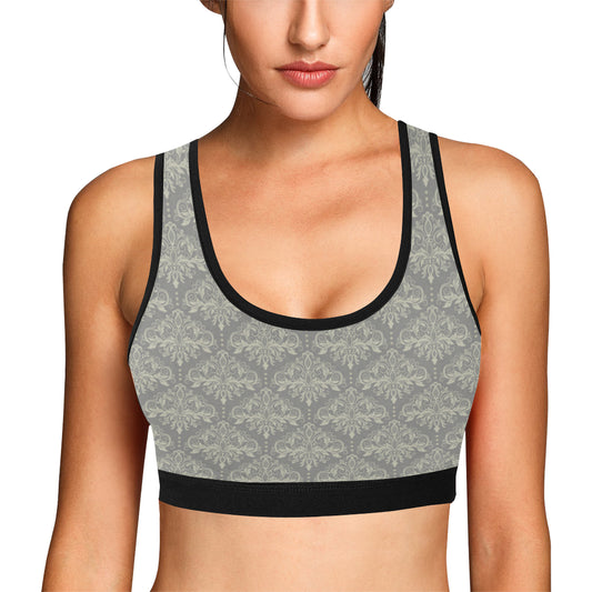 Damask Grey Elegant Print Pattern Sports Bra