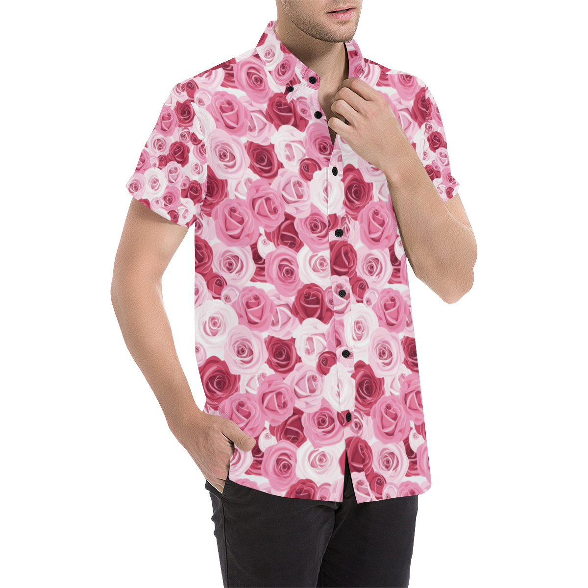 Pink Red Rose Pattern Print Men's Short Sleeve Button Up Shirt