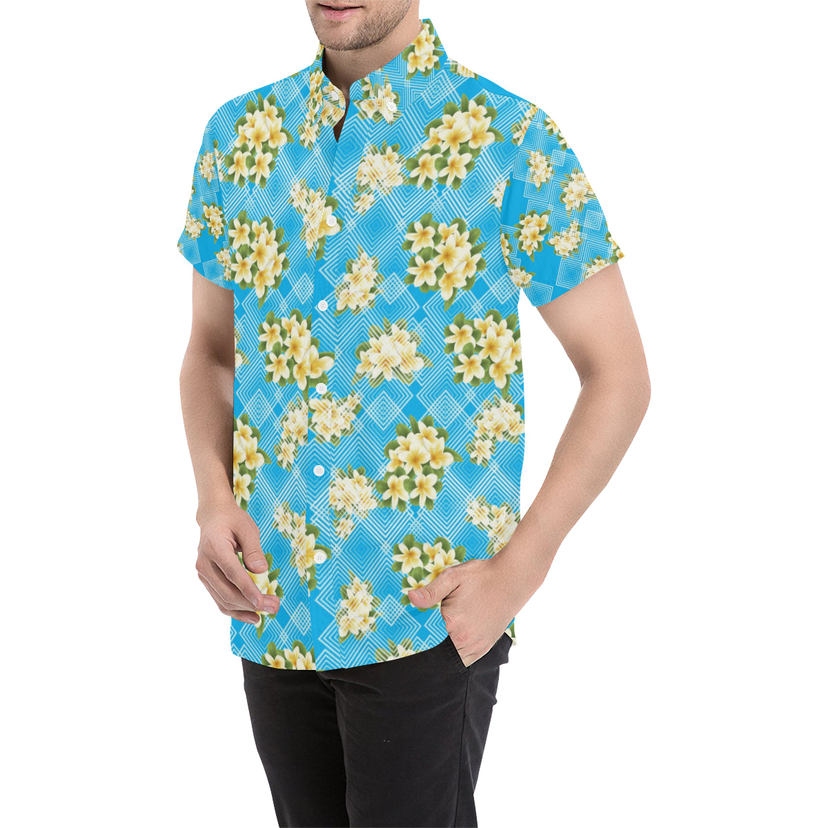 Yellow Plumeria Design Print Pattern Men's Short Sleeve Button Up Shirt