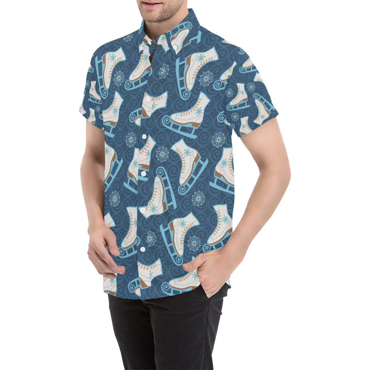 Ice Skate Pattern Print Design 01 Men's Short Sleeve Button Up Shirt
