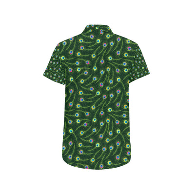 Peacock Feather Green Design Print Men's Short Sleeve Button Up Shirt